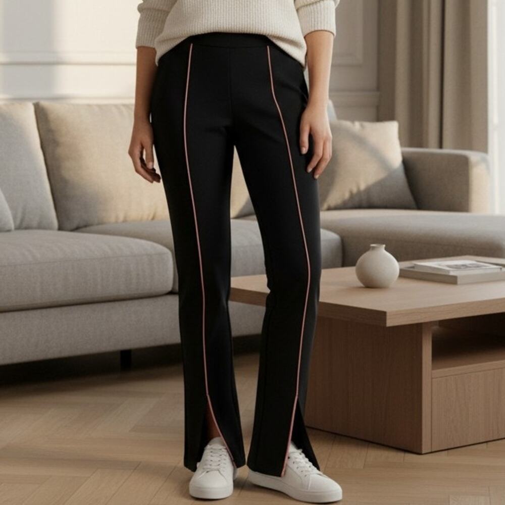 Express Womens M Black Pink Stripe Ankle Leggings Pants Front Slit Stretch 30x31
